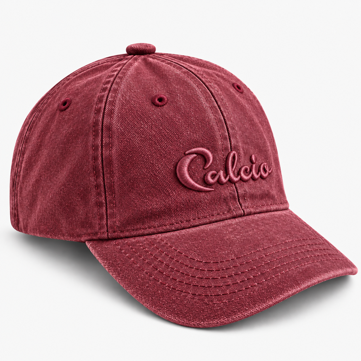 Gorra burdeos bordada “Calcio” en estudio